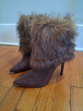 Faux Fur Trim Brown Pointed Stiletto Ankle Boots